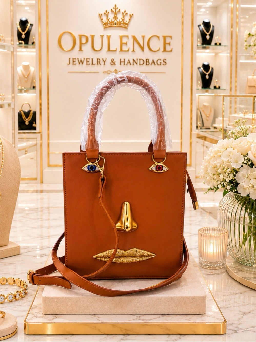 Brown Novelty Face-Detail Tote Bag with Gold Accents